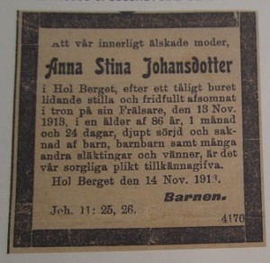 Death notice, Anna Stina